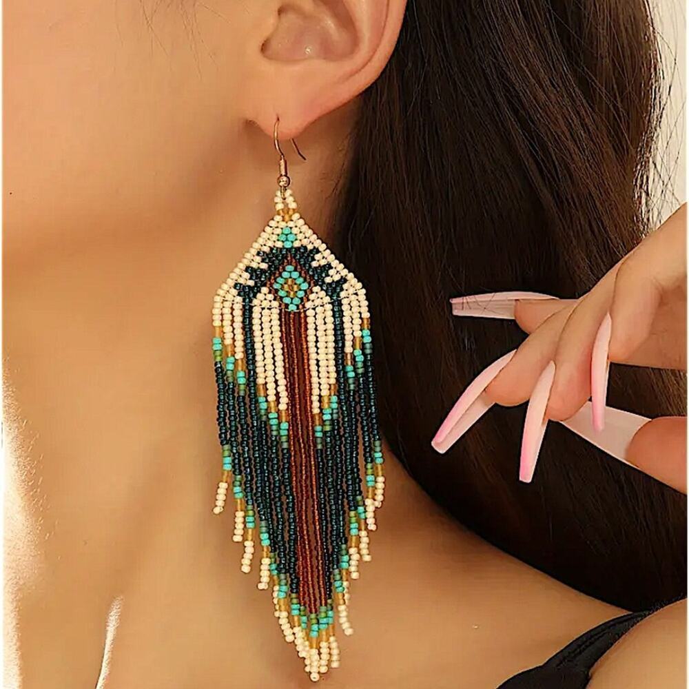 Bohemian Beaded Dangle Tassel Earrings, Tribal Design, Western, Boho, Fringe